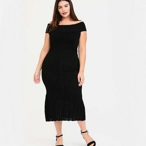 Torrid Black Sweater Dress 1X 14/16 Bodycon Midi Off The Shoulder Trumpet Dress